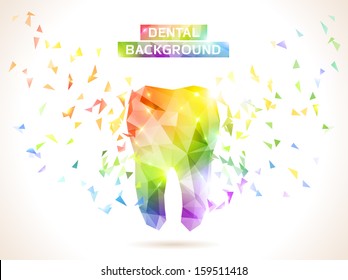 Polygonal rainbow vector tooth. Abstract illustration. Dental background in origami style.
