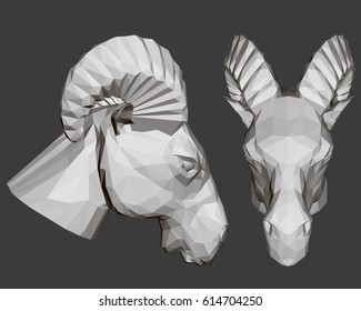 Polygonal ram head in 3D in front and side. Vector illustration. EPS 8.
