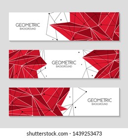 Polygonal red abstract futuristic template, low poly sign on white background. Vector lines, dots and triangle shapes, connecting network. Horizontal banners, cover layout, social media design. 
