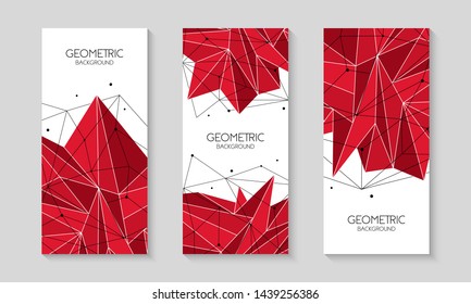 Polygonal red abstract futuristic template, low poly sign on white background. Vector lines, dots and triangle shapes, connecting network. Brochure template, cover layout, magazine, flyer design. 