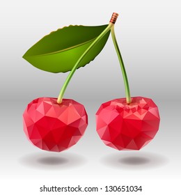 Polygonal red cherry berries with green leaves, vector image