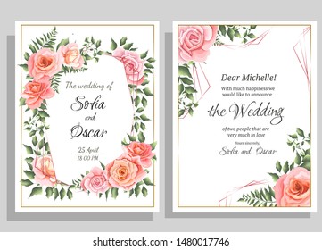 Polygonal red frame, pink roses, green plants and leaves. All elements are isolated. Template for a wedding invitation.