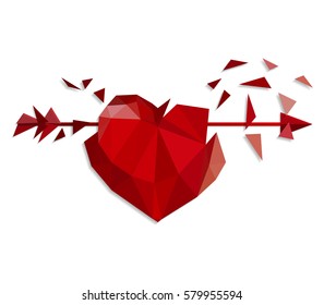 Polygonal red gem heart with cupid arrow isolated on white background, valentines day and woman's day design. Vector jewel ruby. Holidays emblem love symbol.
