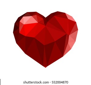  Polygonal red gem heart isolated on white background, valentines day design. Vector jewel ruby. Holidays emblem love symbol.
