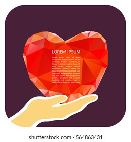 Polygonal red heart with hand isolated on white background.  Valentine's Day vector illustration. Design elements for greeting cards and etc.