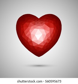 Polygonal red heart. Low-poly. Transparent background. Vector illustration.