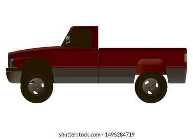 Polygonal red pickup. Open body truck. Side view. 3D. Vector illustration.