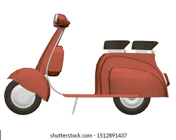 Polygonal red scooter. Side view. Retro scooter. 3D. Vector illustration.
