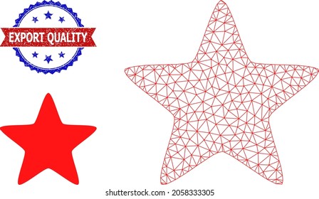 Polygonal red star frame illustration, and bicolor rubber Export Quality watermark. Polygonal wireframe illustration is created from red star pictogram.