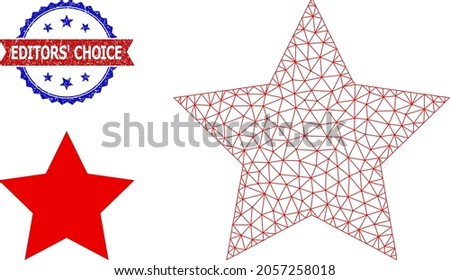 Polygonal red star model icon, and bicolor dirty Editors' Choice seal stamp. Polygonal wireframe illustration is designed with red star pictogram.