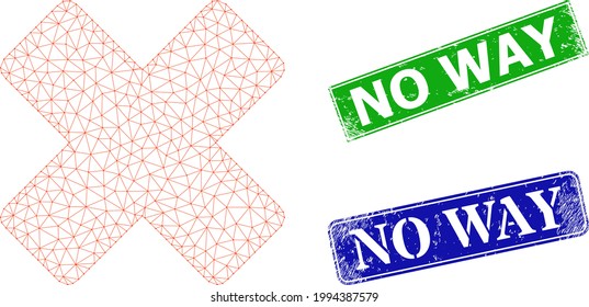 Polygonales Abweisbild und No Way blaue und grüne rechteckige Grunge-Briefmarken. Mash-Wireframe-Bild basierend auf dem Ablehnungssymbol. Briefmarken enthalten No Way Tag in rechteckiger Form.