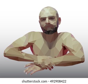 Polygonal relaxing bald man with beard, vector illustration