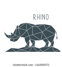 Polygonal Rhino Illustration. Geometric poster with wild animal and lettering. Vector design template.