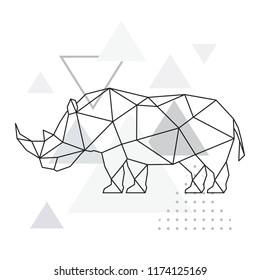 Polygonal rhino on abstract background with triangles. Geometric style poster. Wild Animal vector illustration.