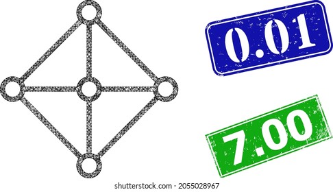 Modelo de centros de rejilla de rhombus poligonal, y sellos de sello de raspado rectangular de 0,01 azul y verde. La imagen de trama poligonal se crea a partir del pictograma de centros de rejilla de rhombus. Las focas tienen 0.