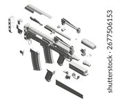 Polygonal rifle in exploded view, with all parts laid out on a white background, including the barrel and magazine.