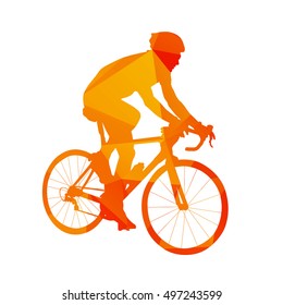 Polygonal road cyclist, abstract orange isolated vector silhouette