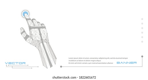  brazo robot poligonal .La mano mecánica presiona un botón virtual.Inteligencia artificial del futuro.Ilustración vectorial.
