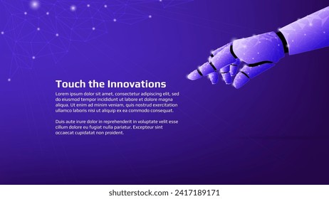 Polygonal robotic hand reaches for text on dark purple background. Innovation banner or technical web page template. Vector illustration.