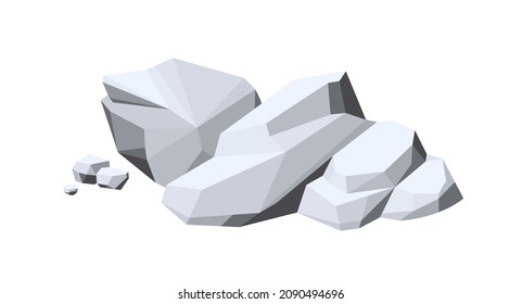 Polygonal rocks. Geometric stones with angular facets. Abstract boulders and cobbles. Heavy solid rubble and cobblestones. Lowpoly cartoon vector illustration isolated on white background