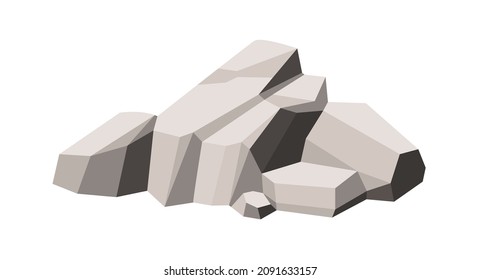 Polygonal rocks heap. Geometric boulders. Big stones with angular facets. Heavy rubbles composition. Lowpoly boulderstones. Flat vector illustration of rocky formation isolated on white background