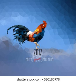Polygonal Rooster on blue polygonal background. Chinese New Year 2017. Polygonal design for  Christmas calendar, postcards, flyers. Vector abstract illustration
