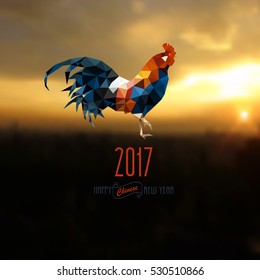 Polygonal Rooster on sunrise - symbol of 2017. Chinese New Year 2017. Polygonal design for Christmas calendar, postcards, flyers. Vector abstract illustration