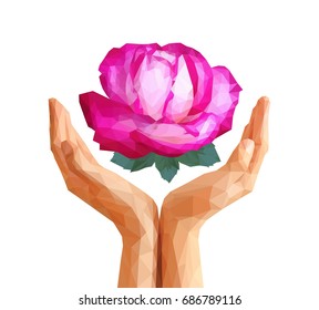 polygonal rose full-color in cupped hands
