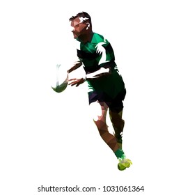 Polygonal rugby player running with ball, geometric vector silhouette