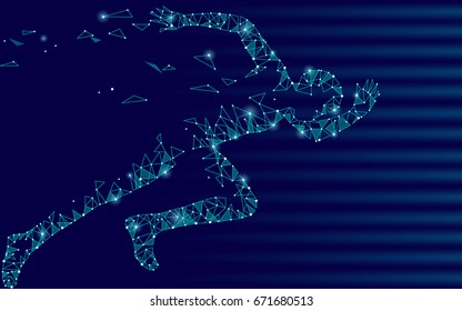 Polygonal runner sportsman blue background. Low poly connected dots silhouette abstract man run triangle mesh. Technology motion concept vector illustration art