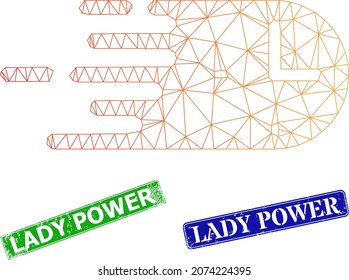 Imagen poligonal de tiempo de prisa y marcas de agua rectangulares de color azul y verde con corrosión de Lady Power. La imagen de malla de malla se ha diseñado con un icono de tiempo de prisa. Los sellos tienen la etiqueta Lady Power dentro de forma rectangular.
