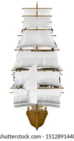 Polygonal sailing ship with white sails and brown stern. Front view. 3D. Vector illustration.