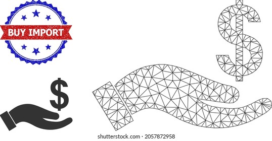 Polygonal salary offer hand wireframe icon, and bicolor unclean Buy Import seal. Mesh wireframe symbol is created from salary offer hand icon.
