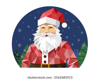 Polygonal santa claus in snowfall night christmas tree landscape background illustration.