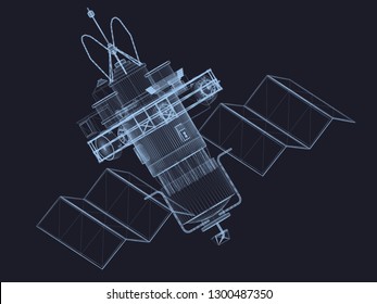 Polygonal satellite wireframe on a dark background. Detailed polygonal satellite of blue lines. Vector illustration.