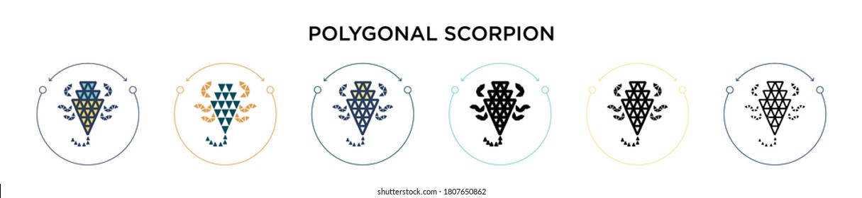 Polygonal scorpion icon in filled, thin line, outline and stroke style. Vector illustration of two colored and black polygonal scorpion vector icons designs can be used for mobile, ui, web