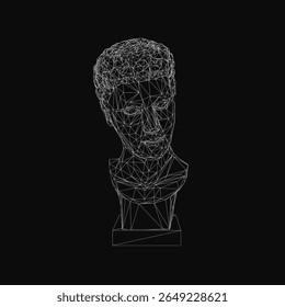Escultura poligonal da cabeça de um homem composta de formas geométricas e linhas limpas. O design branco baixo poli contrasta fortemente contra o fundo preto.