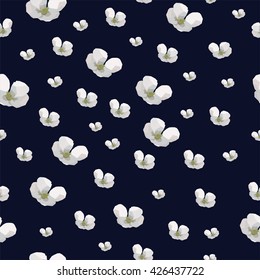 Polygonal seamless flower background, low poly vector illustration with white flowers, swatch with apple flower, perfect illustration for cover, wall paper, interior design and wrapping paper