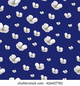 Polygonal seamless flower background, low poly vector illustration with white flowers, swatch with apple flower, perfect illustration for cover, wall paper, interior design and wrapping paper