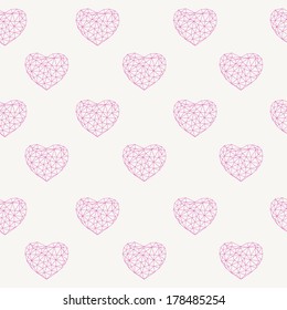 Polygonal seamless hearts on white backdrop. Vector Illustration. Abstract polygonal hearts. Love symbol.  Low poly style