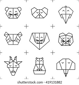 Polygonal seamless pattern with animal heads. Animals triangle background. Animal low poly pattern. Vector origami animal pattern. Seamless polygon jungle animal pattern. 