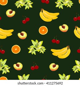 Polygonal seamless pattern, illustration with fruits, perfect design for wall paper, cover, wrapping and kitchen design, low picture with cherry, banana, peach, sliced orange and flower, vector image