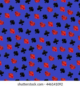 Polygonal seamless pattern, low poly illustration with playing icons, vector background