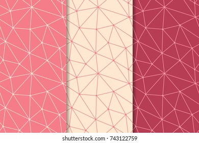 Polygonal seamless patterns. Set of cherry pink geometric backgrounds for textile and wallpapers