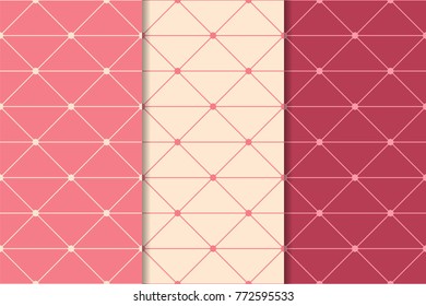 Polygonal seamless patterns. Set of cherry pink geometric backgrounds for textile and wallpapers