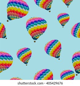 Polygonal seamless texture with abstract colorful air balloon, polygon picture with aerostat flying  on the light-blue background, low vector illustration