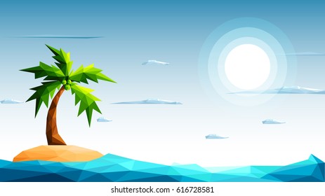 Polygonal seascape with beautiful island, sea and coconut palm tree-Vector Illustration