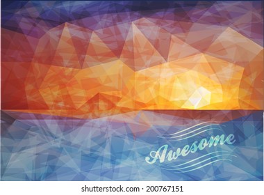 Polygonal seaside view sammer poster  with typography elements. Polygonal background illustration