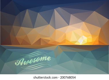 Polygonal seaside view sammer poster  with typography elements. Polygonal background illustration