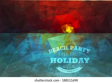 Polygonal seaside view summer poster  with typography elements. Polygonal background illustration